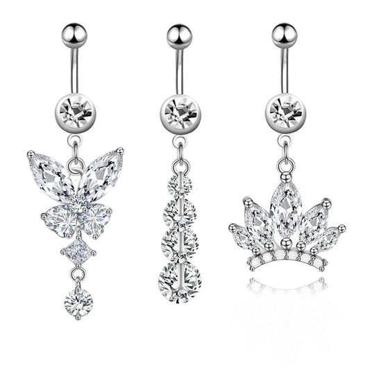 Retro Sexy Tree Crown Butterfly Stainless Steel Inlay Zircon Belly Ring 1 Piece