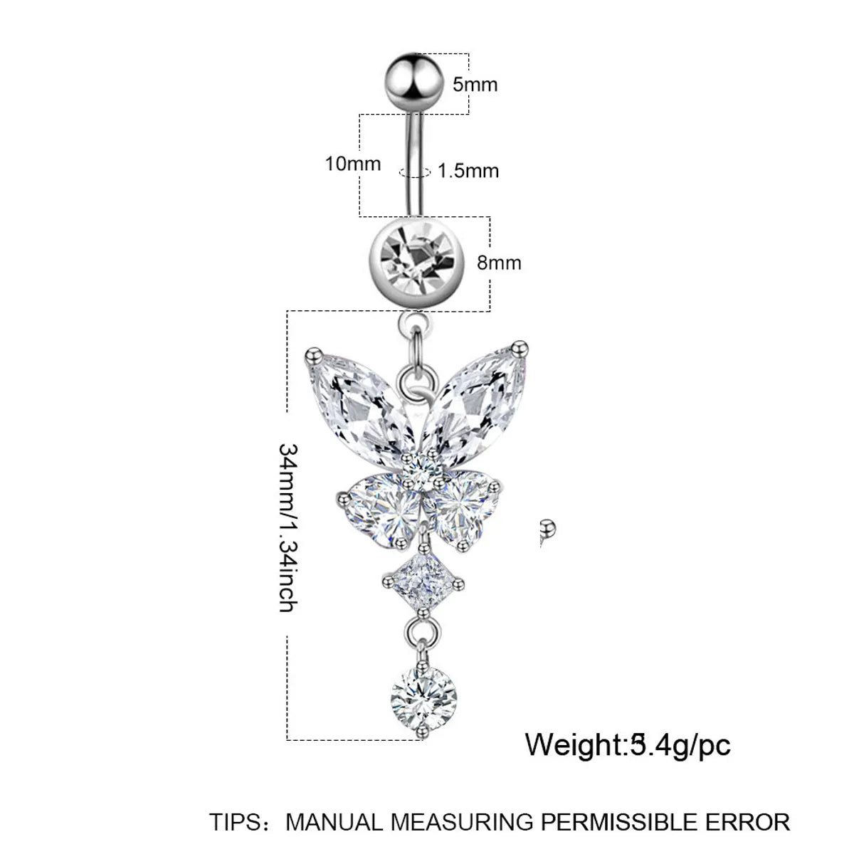 Retro Sexy Tree Crown Butterfly Stainless Steel Inlay Zircon Belly Ring 1 Piece