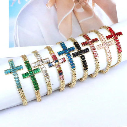 Retro Shiny Cross Copper Gold Plated Zircon Bracelets In Bulk