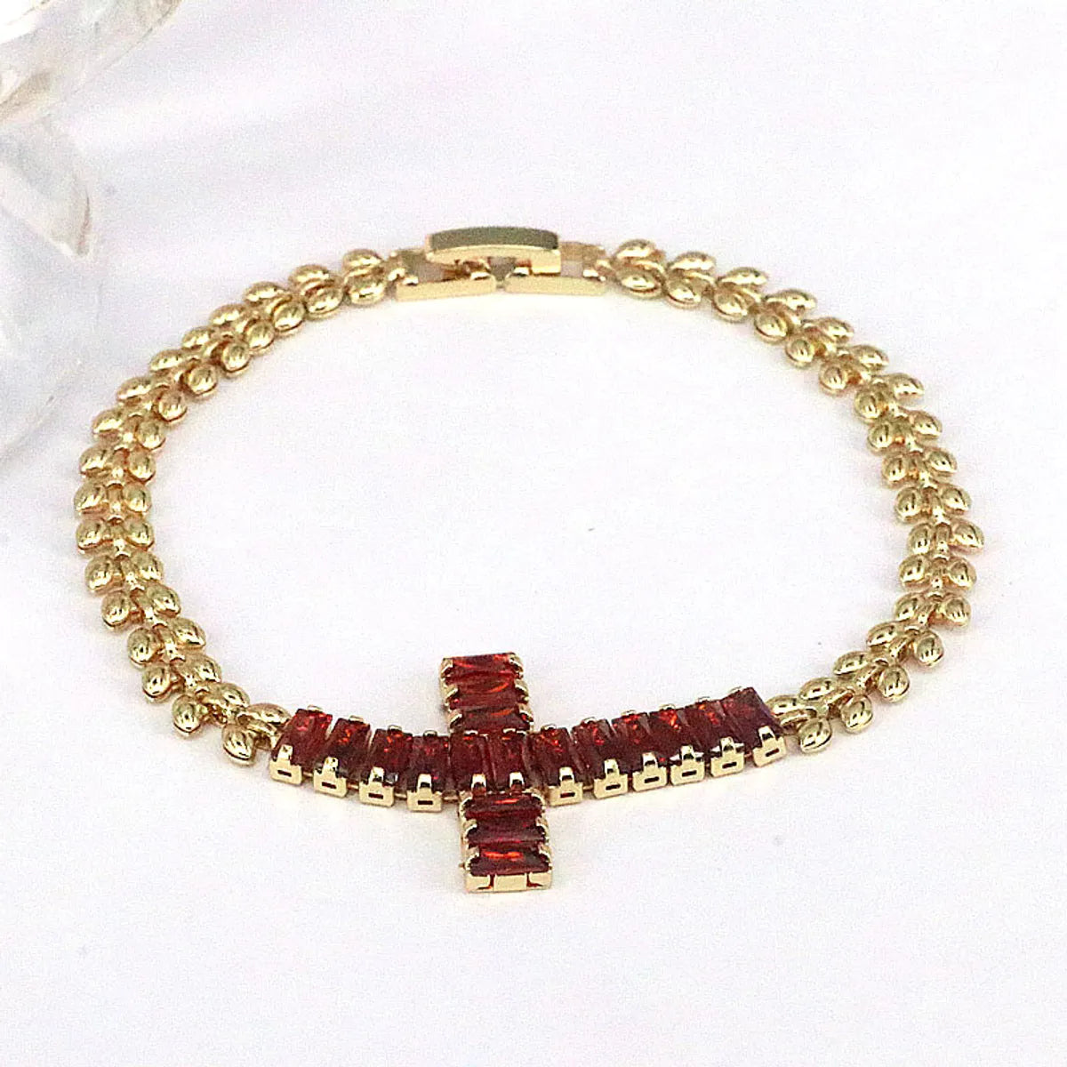 Retro Shiny Cross Copper Gold Plated Zircon Bracelets In Bulk