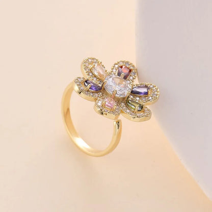 Retro Shiny Flower Copper Inlay Zircon Rings