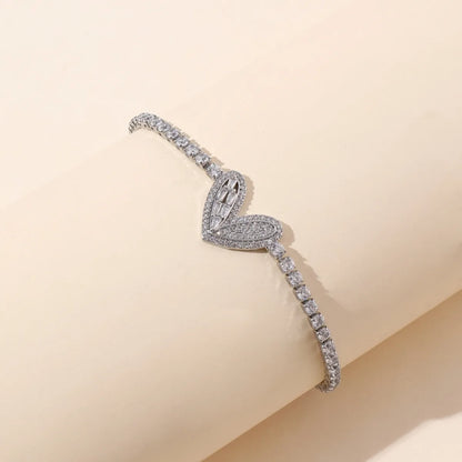 Retro Shiny Heart Shape Copper Plating Inlay Zircon Gold Plated Tennis Bracelet