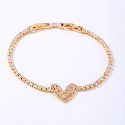 Retro Shiny Heart Shape Copper Plating Inlay Zircon Gold Plated Tennis Bracelet