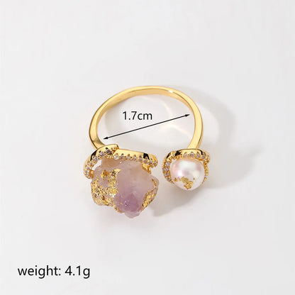 Retro Shiny Irregular Copper Plating Inlay Crystal Rhinestones Freshwater Pearl 18k Gold Plated Open Rings