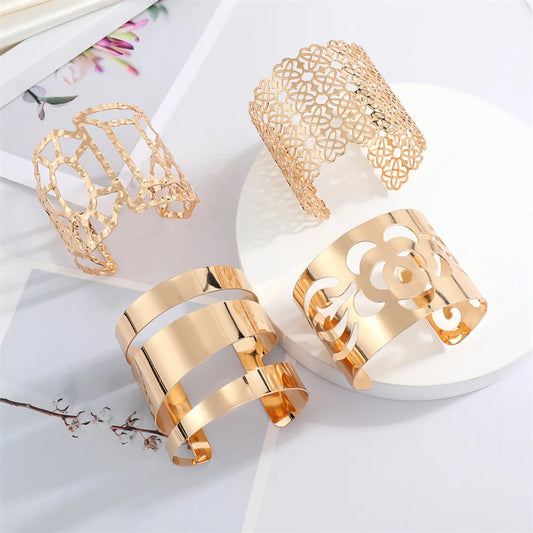 Europe And America Cross Border Ornament Retro Simple Metal Hollow Wide Bracelet Golden Leaf Rose Geometric Bracelet Armband