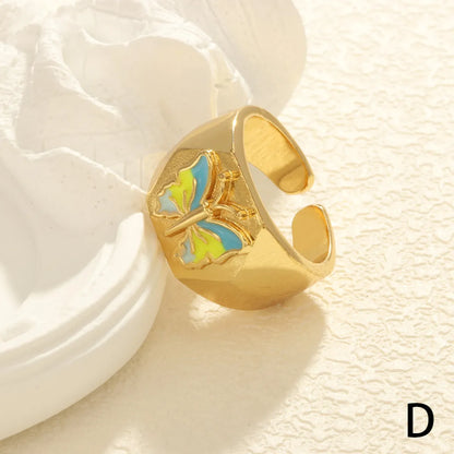 Retro Simple Style Butterfly Copper Enamel Plating 18k Gold Plated Open Rings