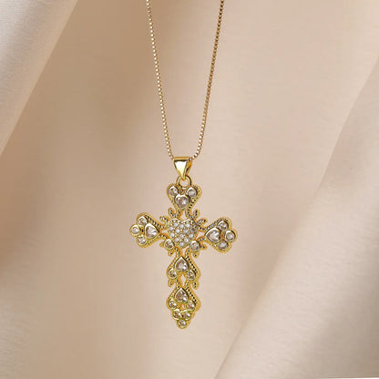 Retro Simple Style Commute Cross Copper Plating Inlay Zircon 18k Gold Plated Pendant Necklace