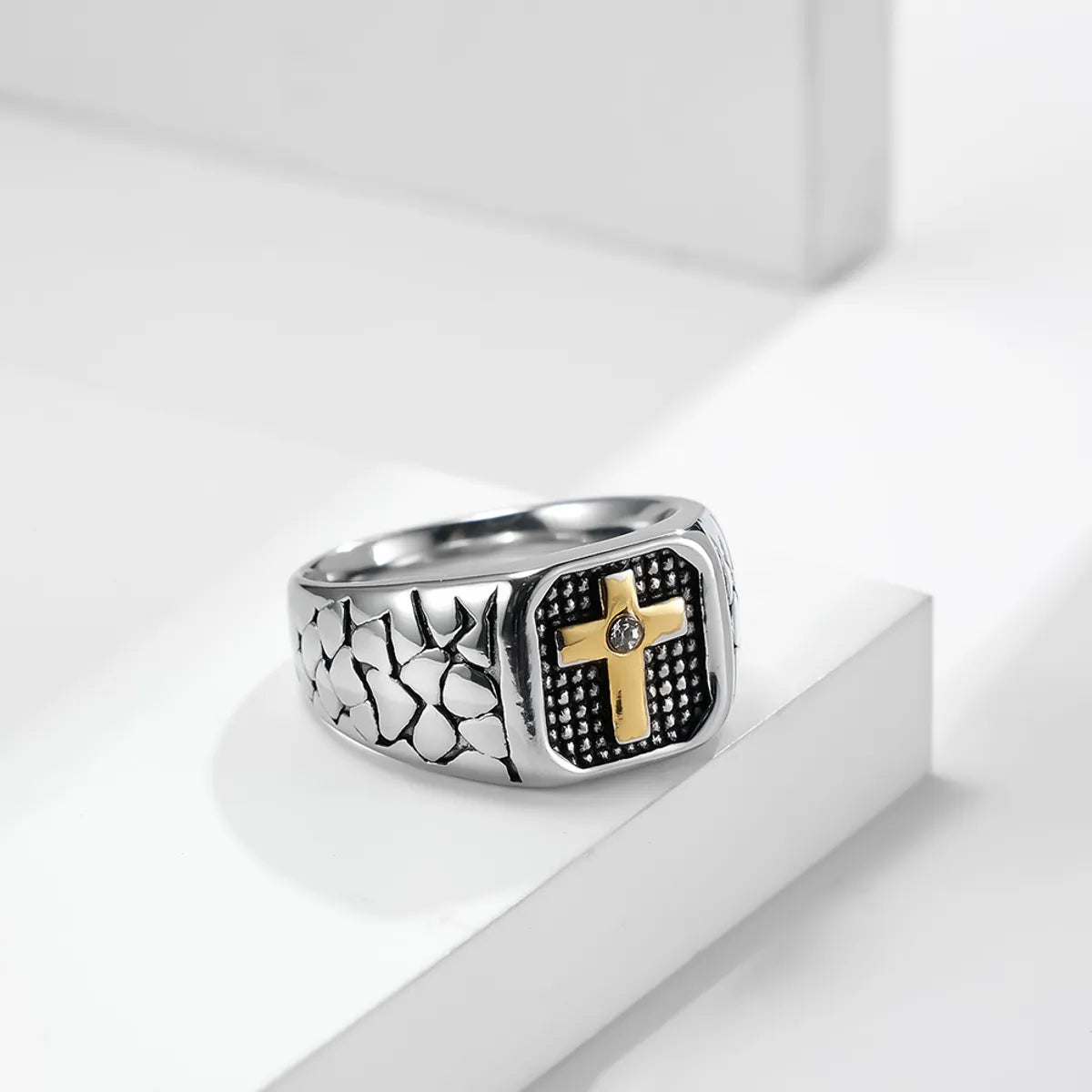 Retro Simple Style Cross 304 Stainless Steel Inlay Rhinestones 18K Gold Plated Unisex Rings