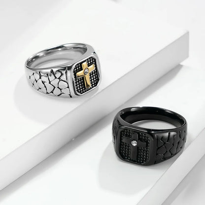 Retro Simple Style Cross 304 Stainless Steel Inlay Rhinestones 18K Gold Plated Unisex Rings