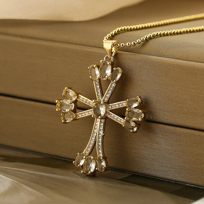 Retro Simple Style Cross Copper Plating Inlay Zircon 18k Gold Plated Pendant Necklace