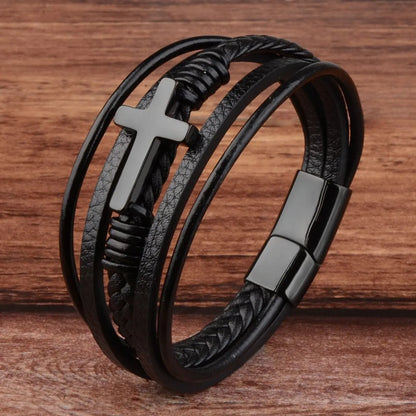 Retro Simple Style Cross Pu Leather Knitting Plating Men'S Bangle