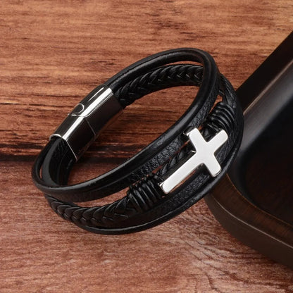 Retro Simple Style Cross Pu Leather Knitting Plating Men'S Bangle