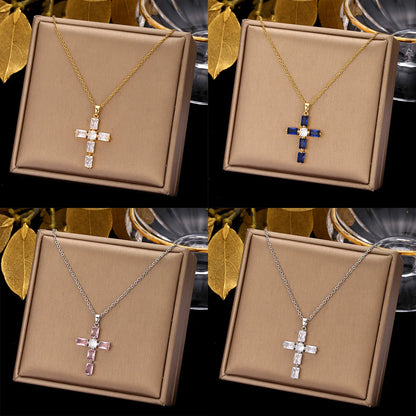 Retro Simple Style Cross Stainless Steel Plating Inlay Zircon Pendant Necklace