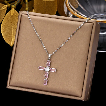 Retro Simple Style Cross Stainless Steel Plating Inlay Zircon Pendant Necklace