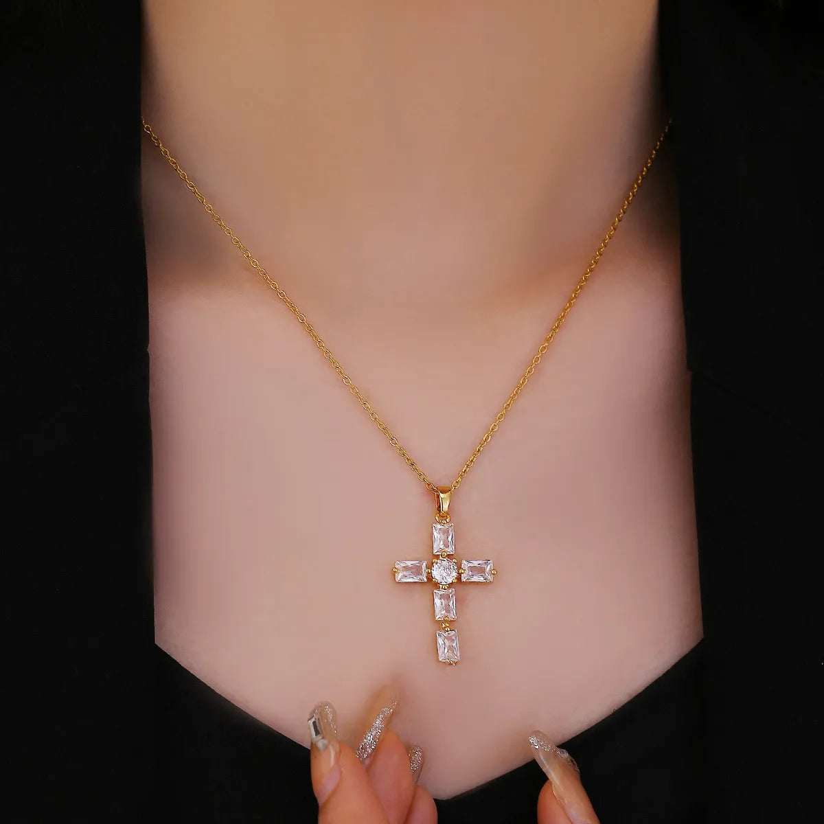 Retro Simple Style Cross Stainless Steel Plating Inlay Zircon Pendant Necklace