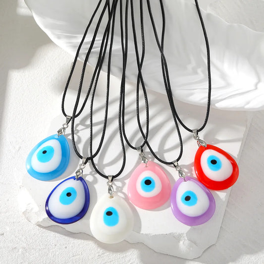 Retro Simple Style Devil's Eye Water Droplets Resin Leather Rope Women's Pendant Necklace