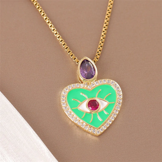 Retro Simple Style Heart Shape Stainless Steel Titanium Steel Enamel Plating Inlay Zircon 18k Gold Plated Pendant Necklace