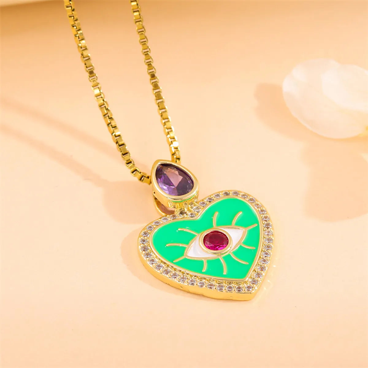 Retro Simple Style Heart Shape Stainless Steel Titanium Steel Enamel Plating Inlay Zircon 18k Gold Plated Pendant Necklace