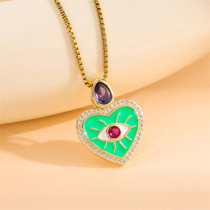 Retro Simple Style Heart Shape Stainless Steel Titanium Steel Enamel Plating Inlay Zircon 18k Gold Plated Pendant Necklace