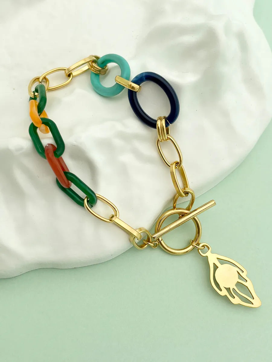 Retro Simple Style Leaves Stainless Steel Plating Inlay Turquoise Gold Plated Bracelets