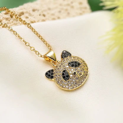 Retro Simple Style Panda Cat Copper Plating Inlay Zircon 18k Gold Plated Pendant Necklace