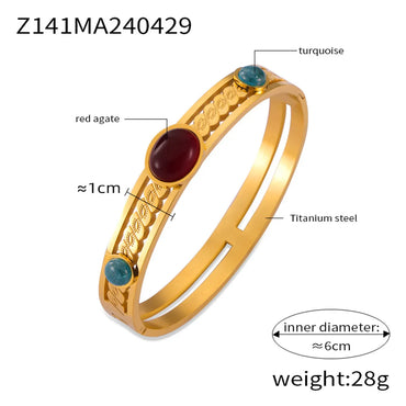 Retro Simple Style Round 304 Stainless Steel 18K Gold Plated Natural Stone Bangle In Bulk