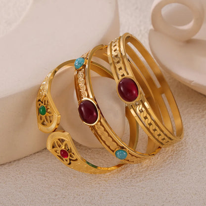 Retro Simple Style Round 304 Stainless Steel 18K Gold Plated Natural Stone Bangle In Bulk