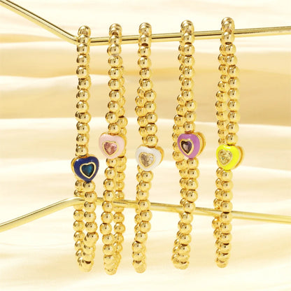 Retro Simple Style Round Heart Shape Copper Enamel Plating Inlay Zircon 18k Gold Plated Bracelets