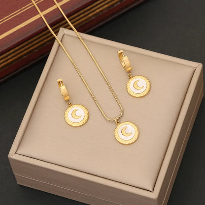 Retro Simple Style Round Moon Stainless Steel Enamel Jewelry Set