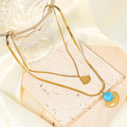 Retro Simple Style Sector Star Oval Stainless Steel Toggle Plating Inlay Turquoise Gold Plated Necklace