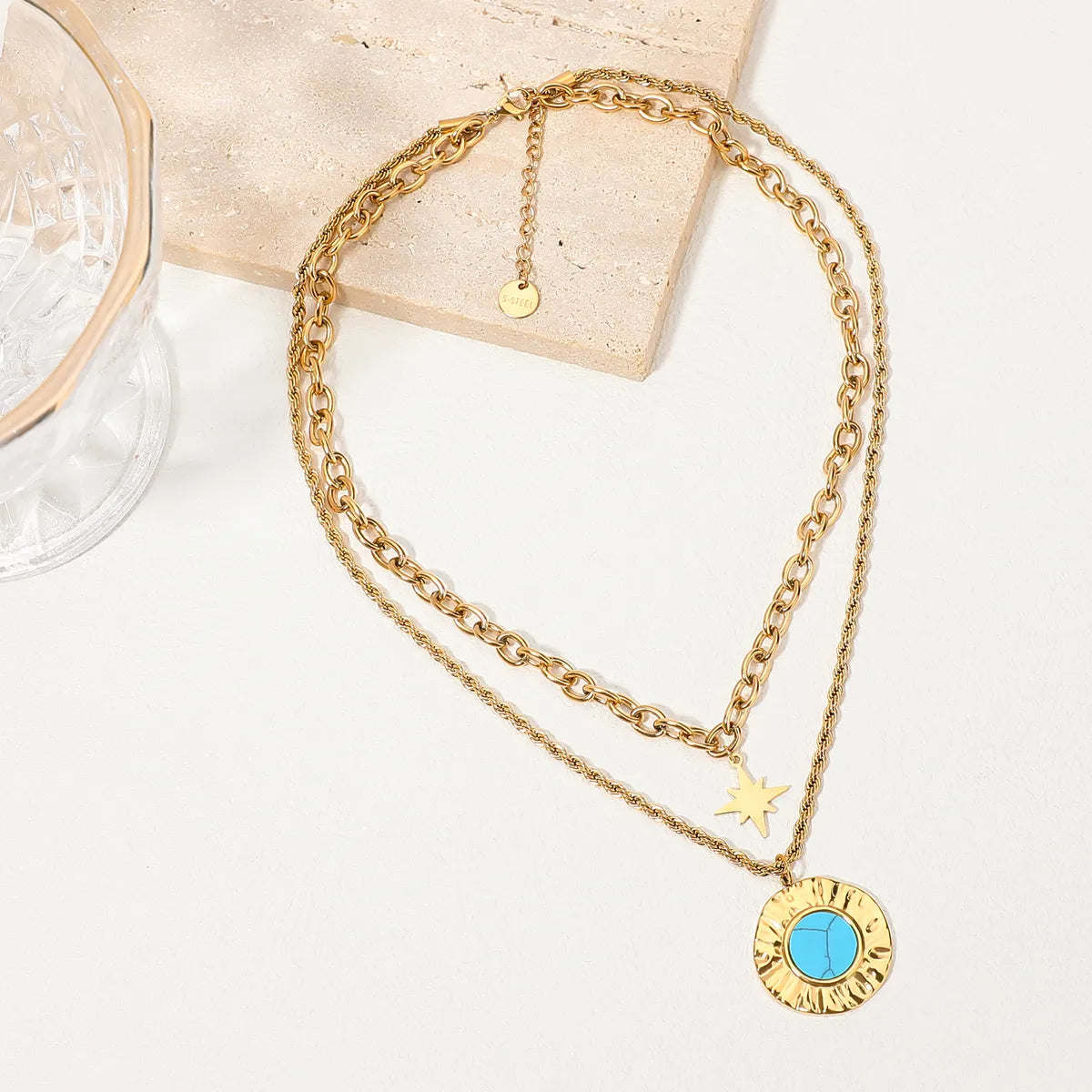 Retro Simple Style Sector Star Oval Stainless Steel Toggle Plating Inlay Turquoise Gold Plated Necklace