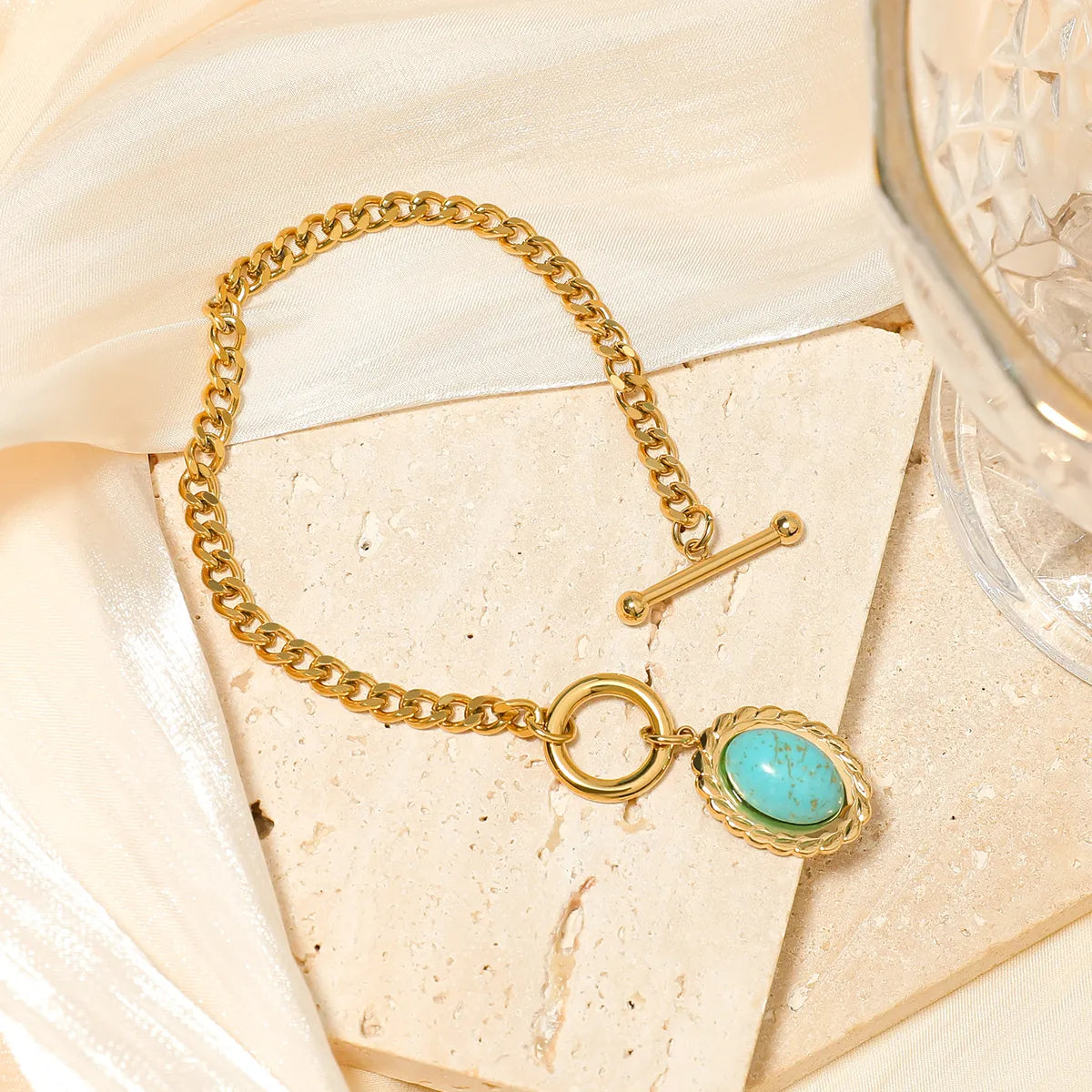 Retro Simple Style Sector Star Oval Stainless Steel Toggle Plating Inlay Turquoise Gold Plated Necklace