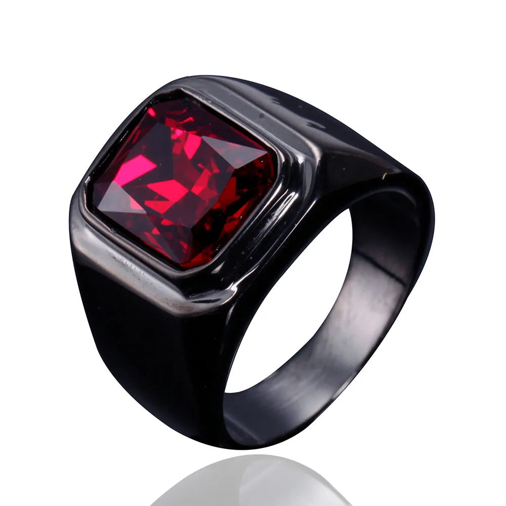 Retro Simple Style Solid Color 304 Stainless Steel Inlay Glass Stone Rhodium Plated Men'S Rings