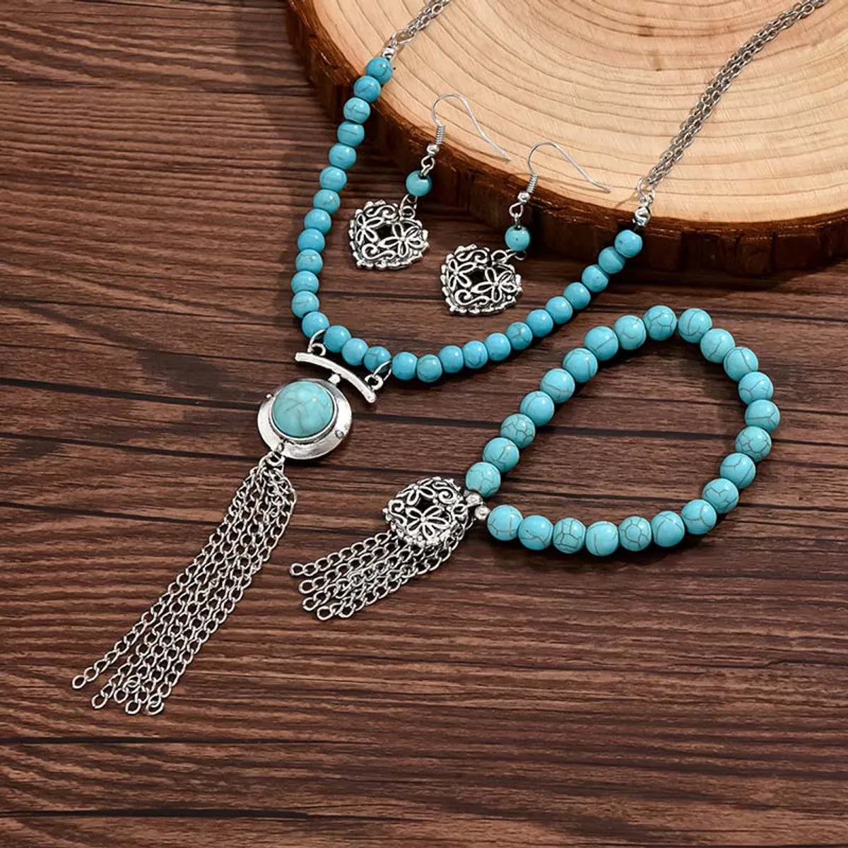 Retro Simple Style Tassel Heart Shape Alloy Beaded Plating Inlay Turquoise Women'S Jewelry Set