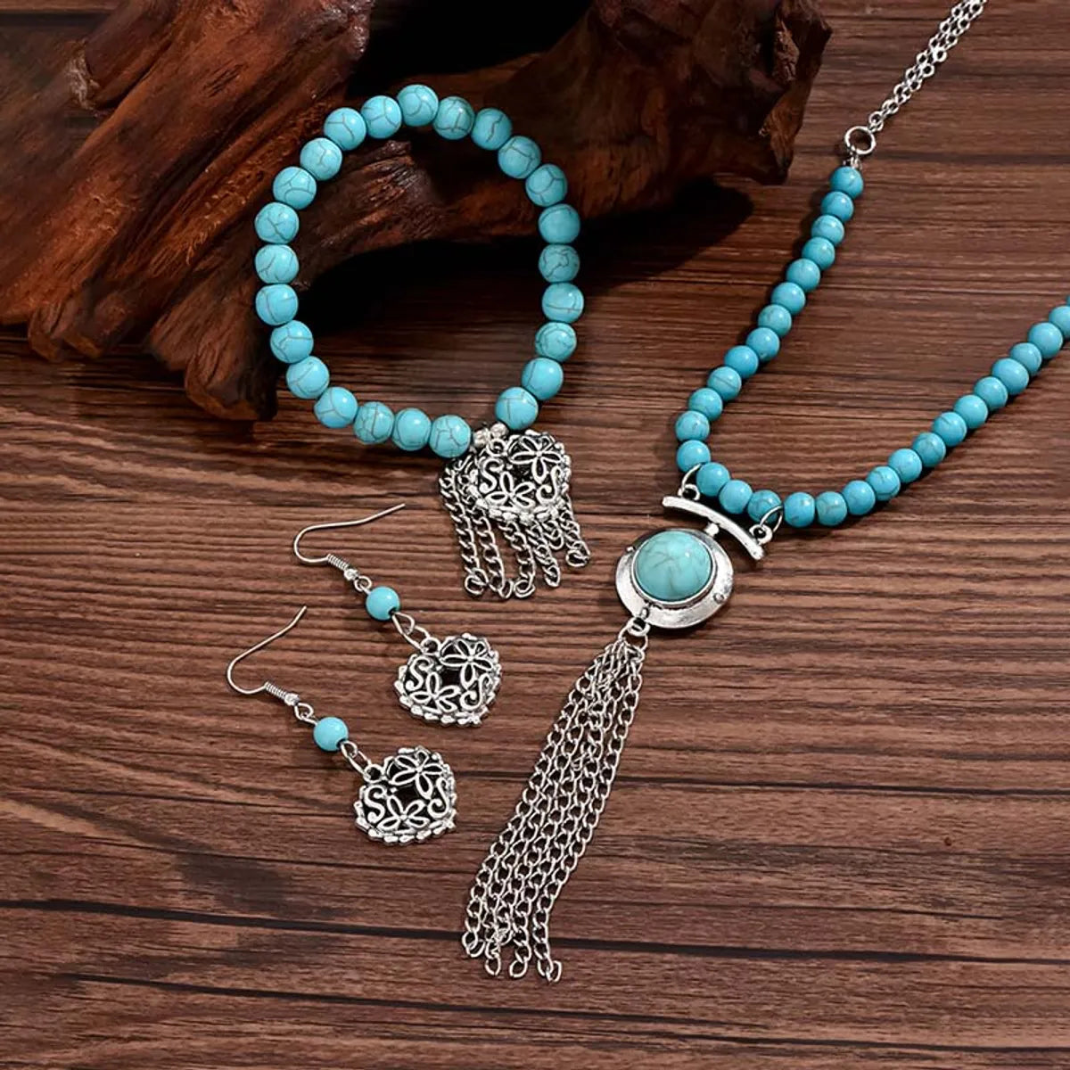 Retro Simple Style Tassel Heart Shape Alloy Beaded Plating Inlay Turquoise Women'S Jewelry Set