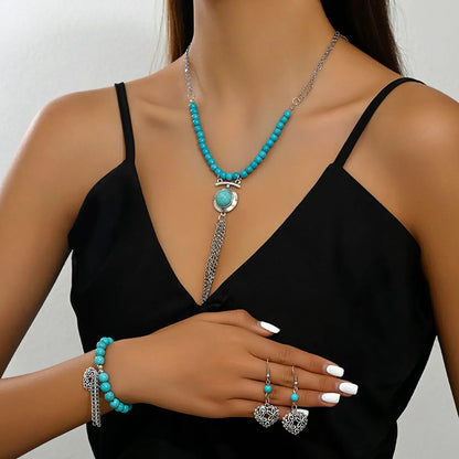 Retro Simple Style Tassel Heart Shape Alloy Beaded Plating Inlay Turquoise Women'S Jewelry Set