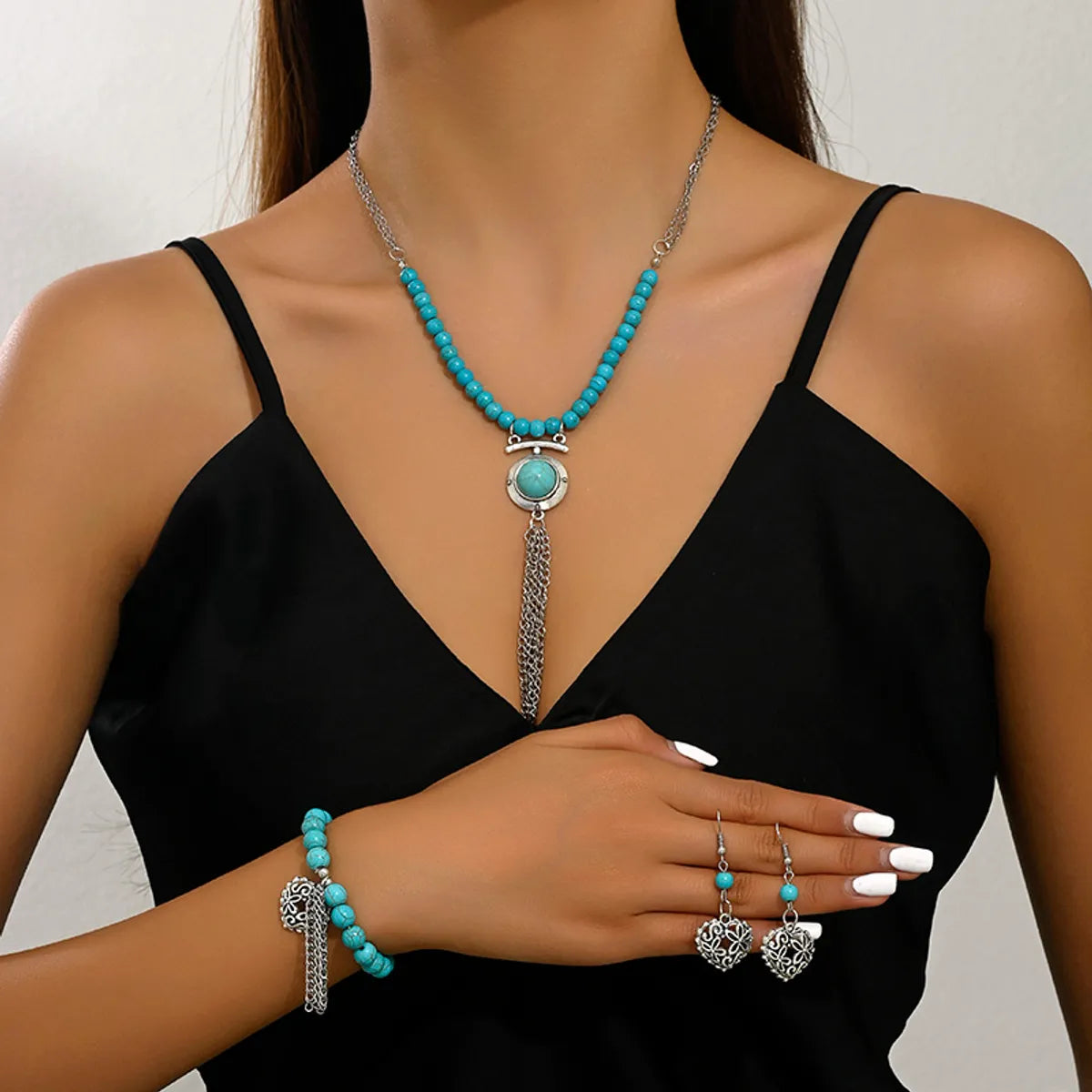 Retro Simple Style Tassel Heart Shape Alloy Beaded Plating Inlay Turquoise Women'S Jewelry Set