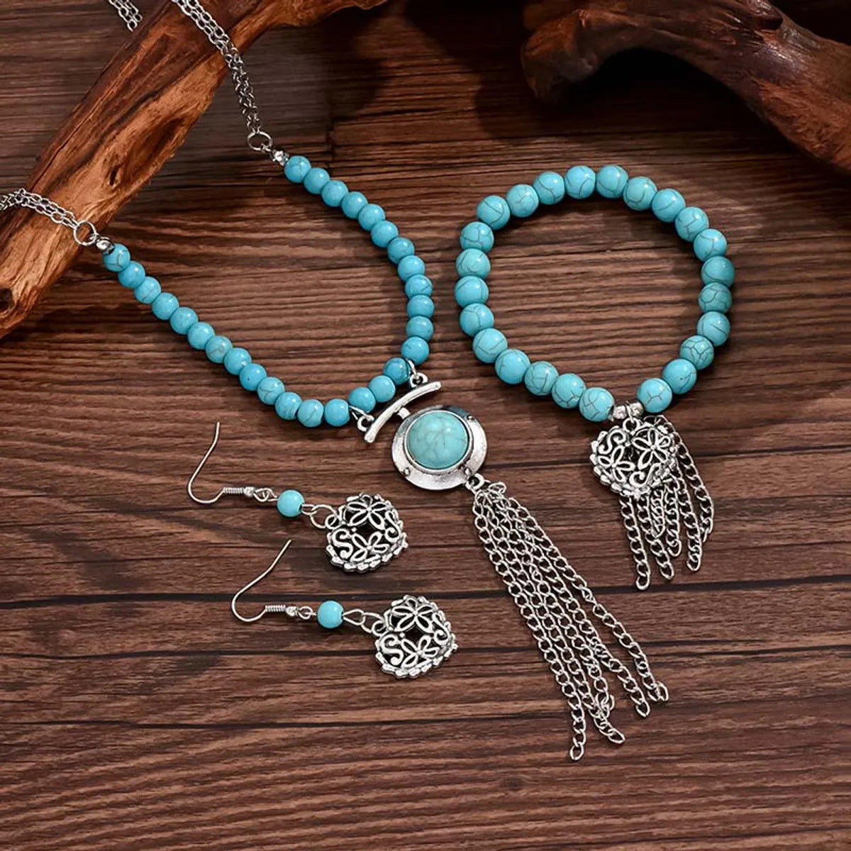 Retro Simple Style Tassel Heart Shape Alloy Beaded Plating Inlay Turquoise Women'S Jewelry Set