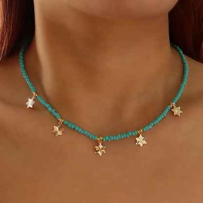 Retro Small Fresh Color Rice Bead Necklace Simple Five-pointed Star Moon Necklace