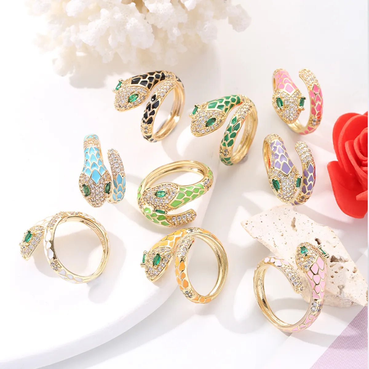 Retro Snake Copper Enamel Zircon Rings 1 Piece