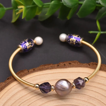 Retro Solid Color Crystal Freshwater Pearl Plating Cuff Bracelets