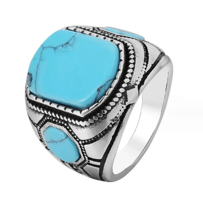 Retro Solid Color Stainless Steel Inlay Turquoise Men'S Rings