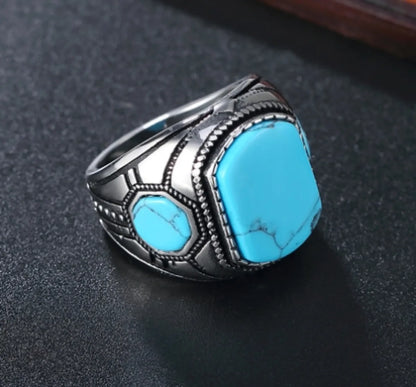 Retro Solid Color Stainless Steel Inlay Turquoise Men'S Rings