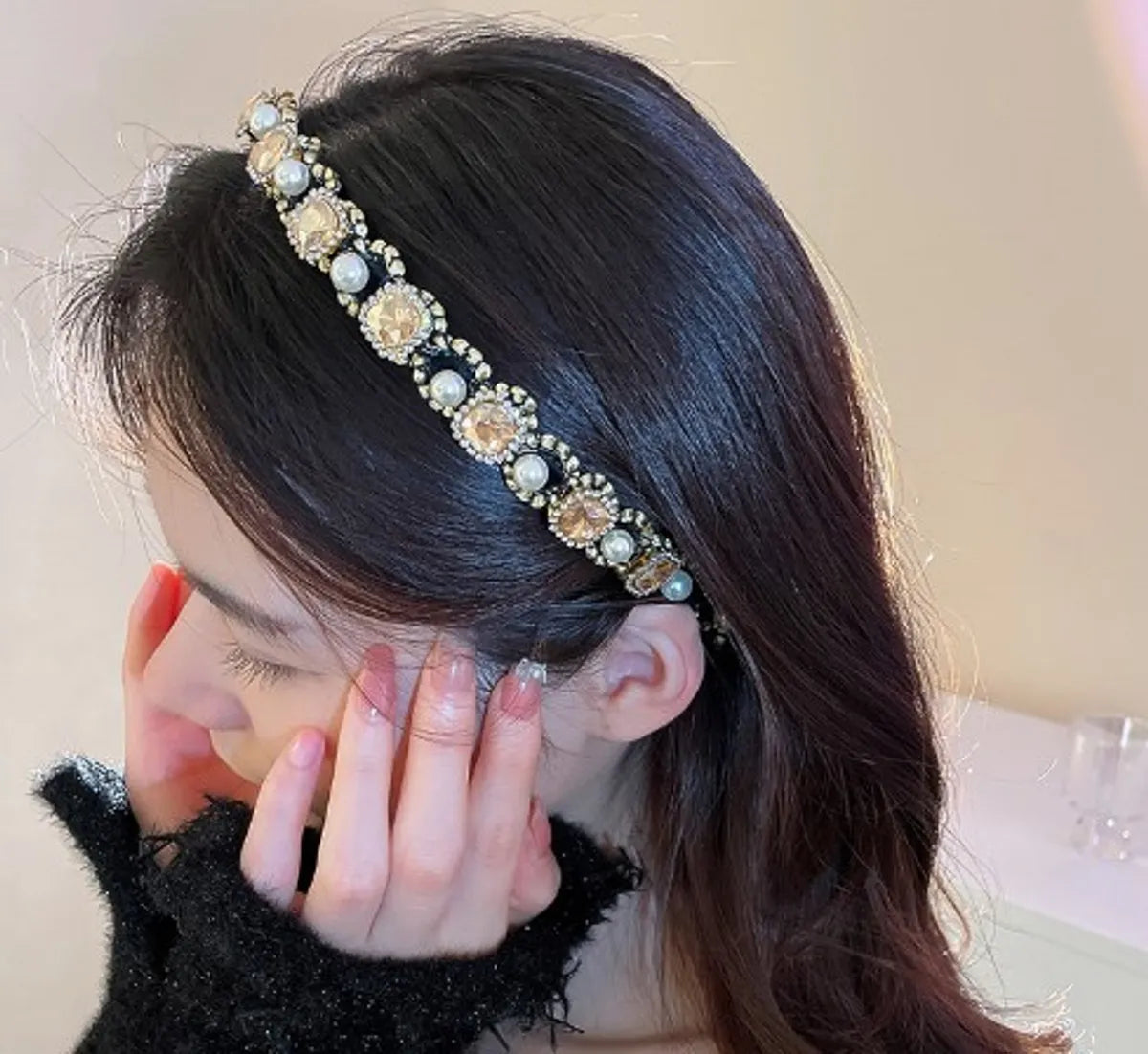 Women'S Retro Square Alloy Inlay Pearl Zircon Hair Band