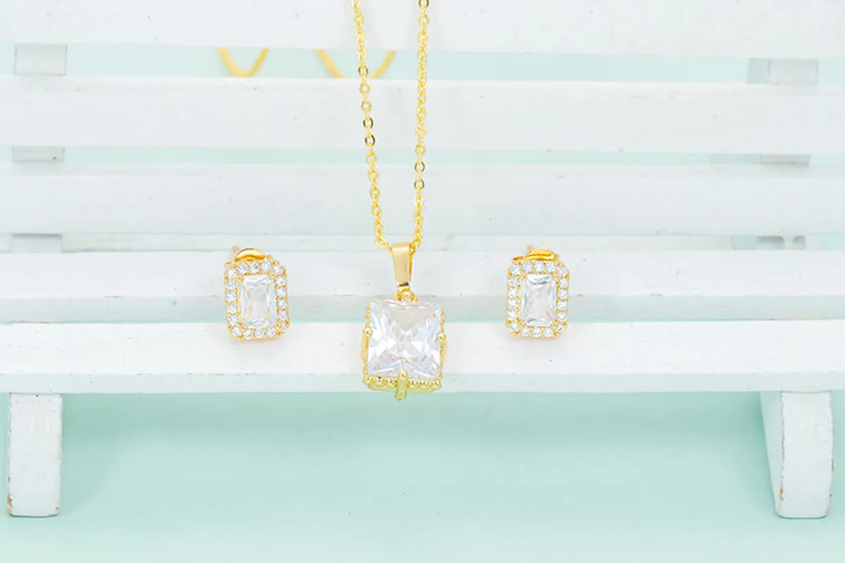 Retro Square Copper Plating Inlay Zircon Women's Earrings Necklace 1 Set