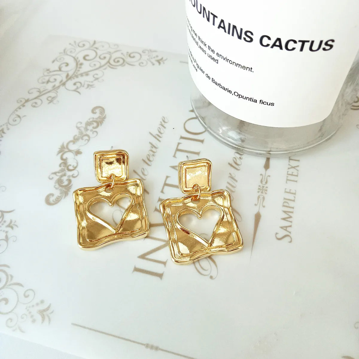 Retro Square Heart Shape Alloy Hollow Out Earrings