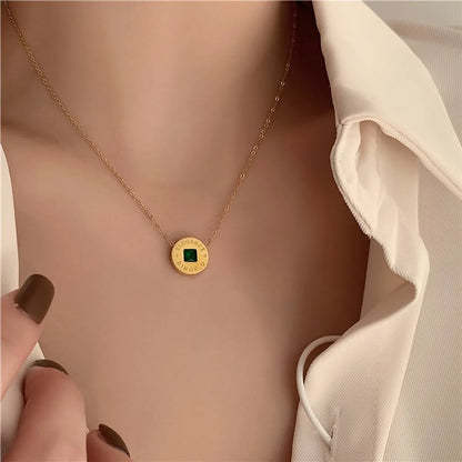 Retro Square Oval Flower Stainless Steel Plating Inlay Artificial Gemstones Zircon 18k Gold Plated Pendant Necklace