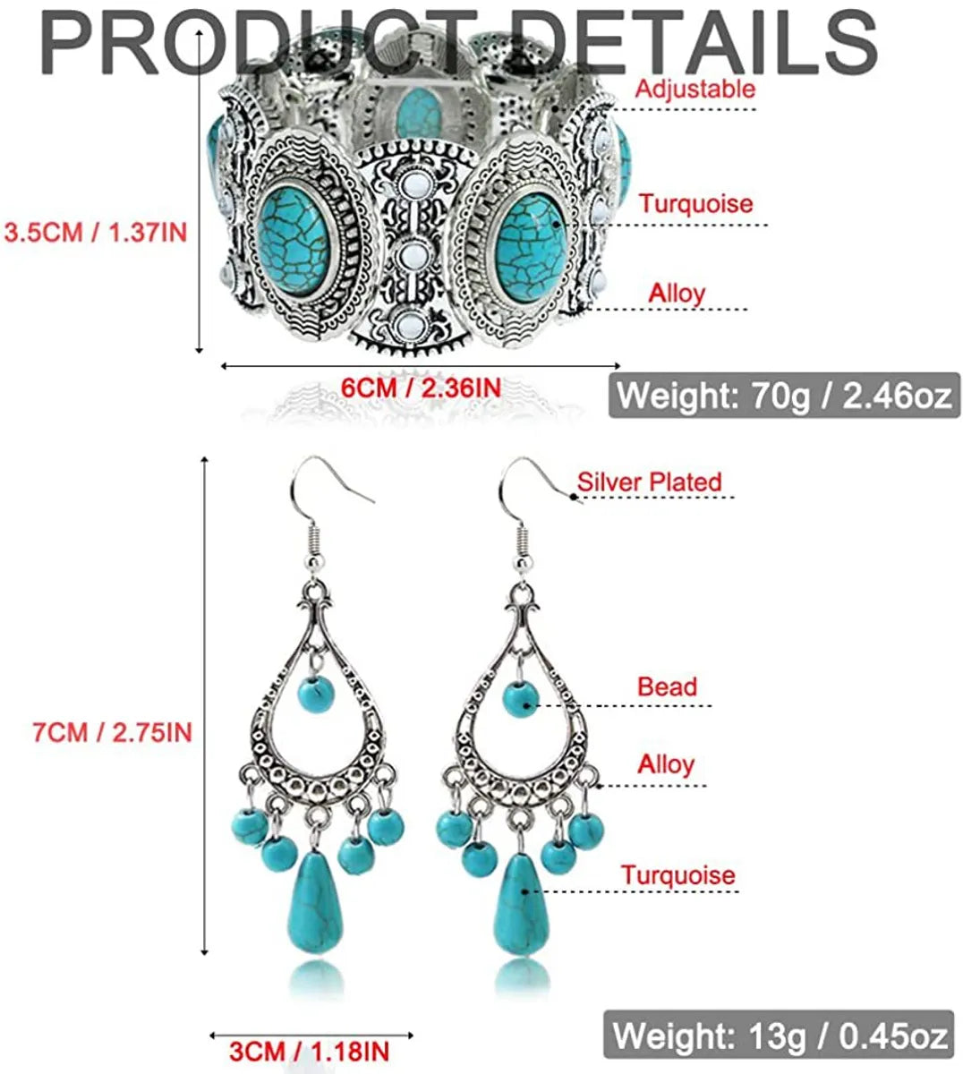 Retro Square Oval Water Droplets Alloy Inlay Turquoise Women's Bracelets Earrings Necklace