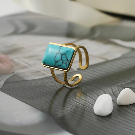 Retro Square Stainless Steel Open Ring Metal Turquoise Stainless Steel Rings