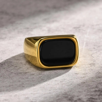 Retro Square Stainless Steel Plating Inlay Agate 18k Gold Plated Rings